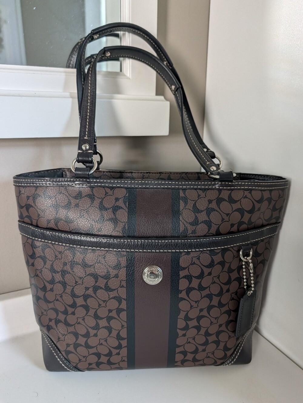 🤎 Vintage Coach Chelsea Pebble Grain Signature Monogram Stripe Shoulder Tote